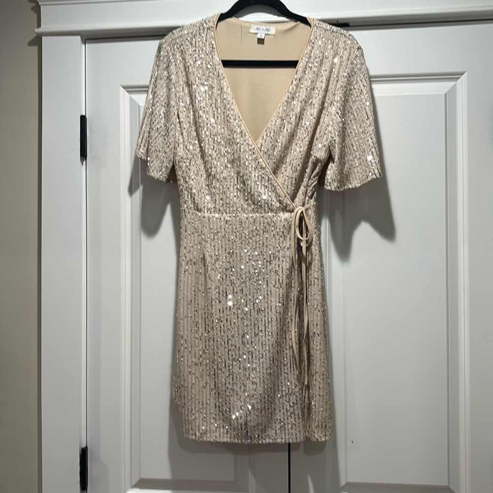 She + Sky Half Flutter Sleeve Sequin Wrap Dress